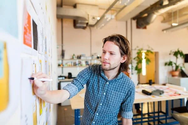 Start-up employee planning on a whiteboard
