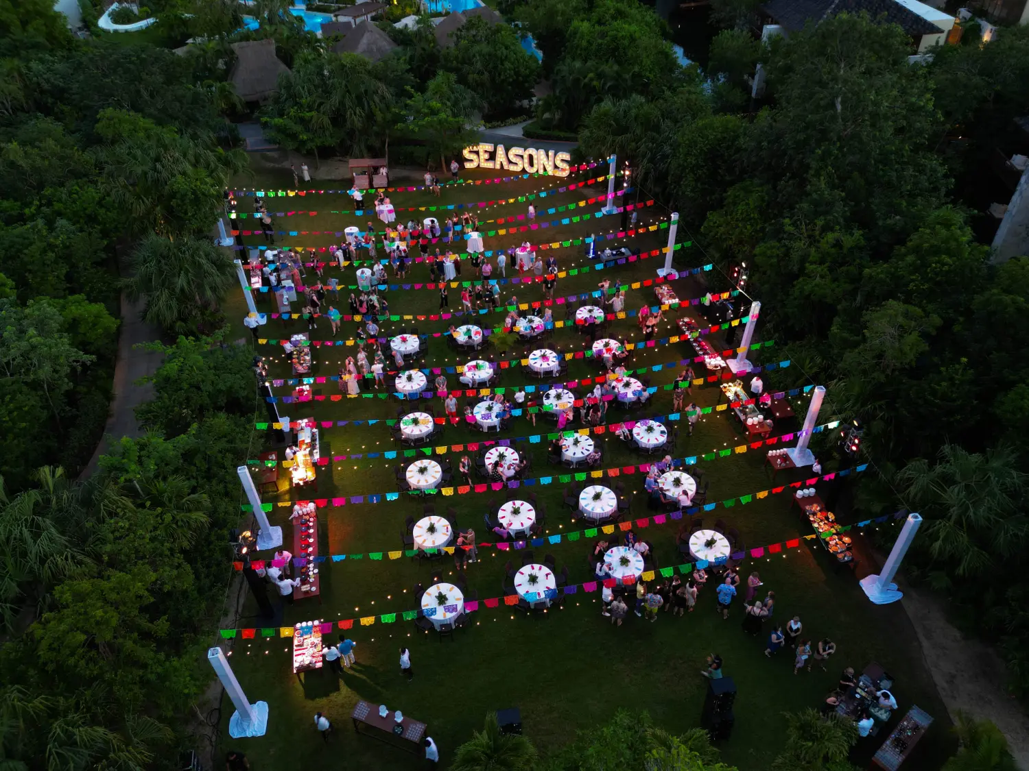 An aerial view of the Seasons Leadership Conference dinner set up held at the Fairmont Mayakoba Mexico