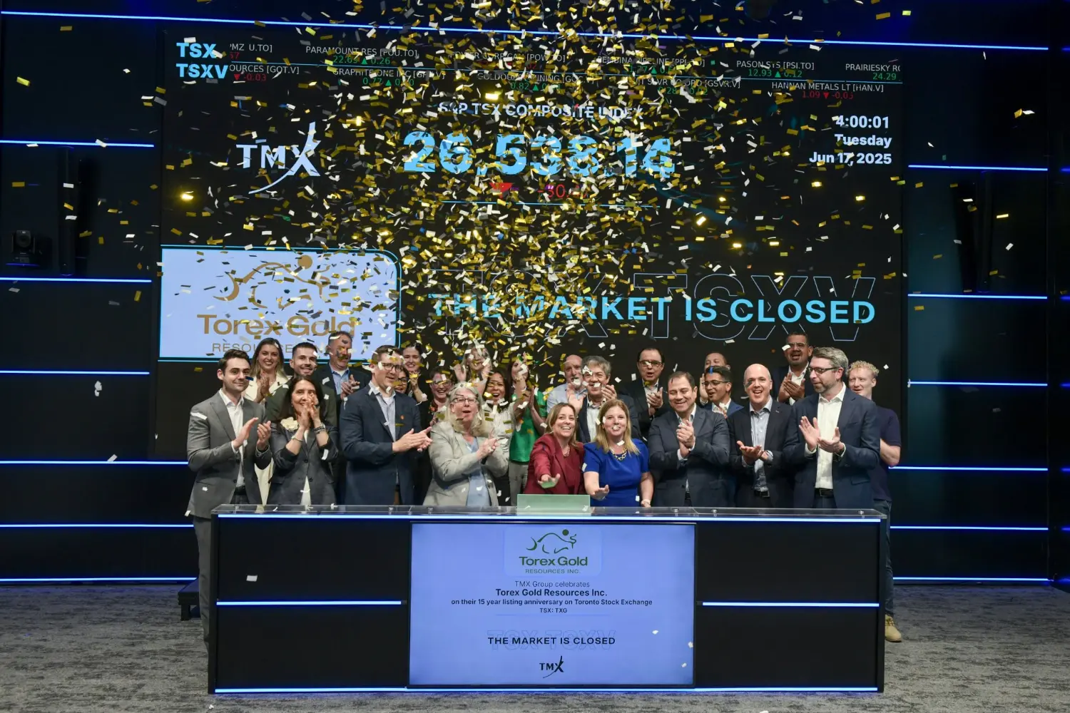 Leadership team at Toronto Stock Exchange to celebrate 15 year listing anniversary and close the market.