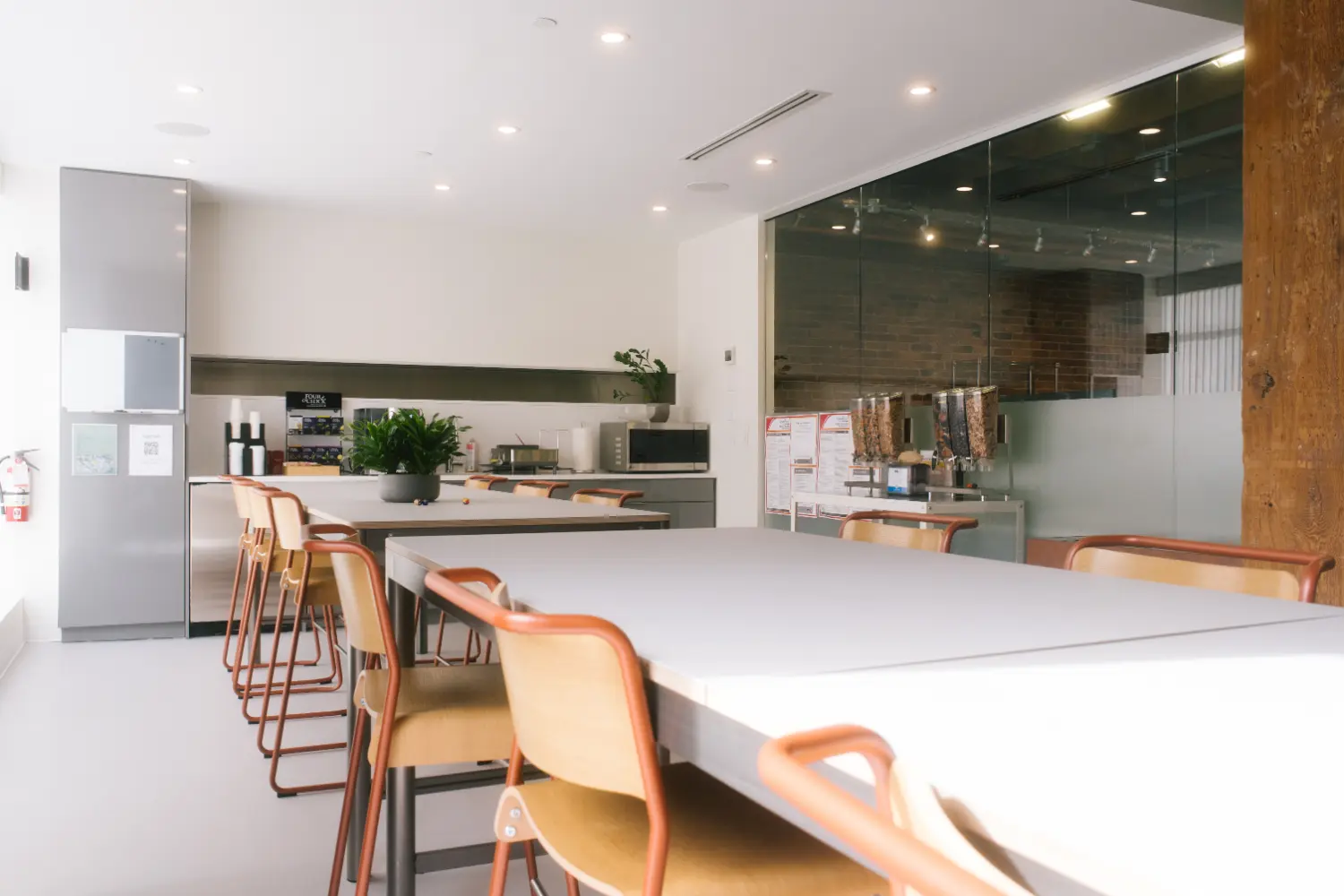 Fully stocked and locally loved: we keep Timbertrain coffee, Four O'Clock tea, and snacks to keep our team recharged.