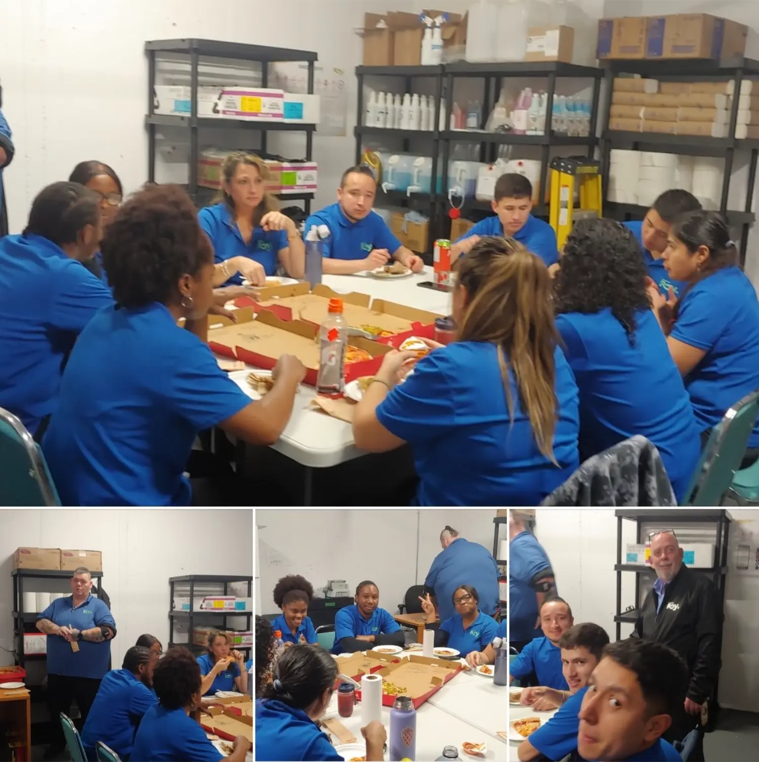 A pizza party held for Roy. employees starting a new contract.