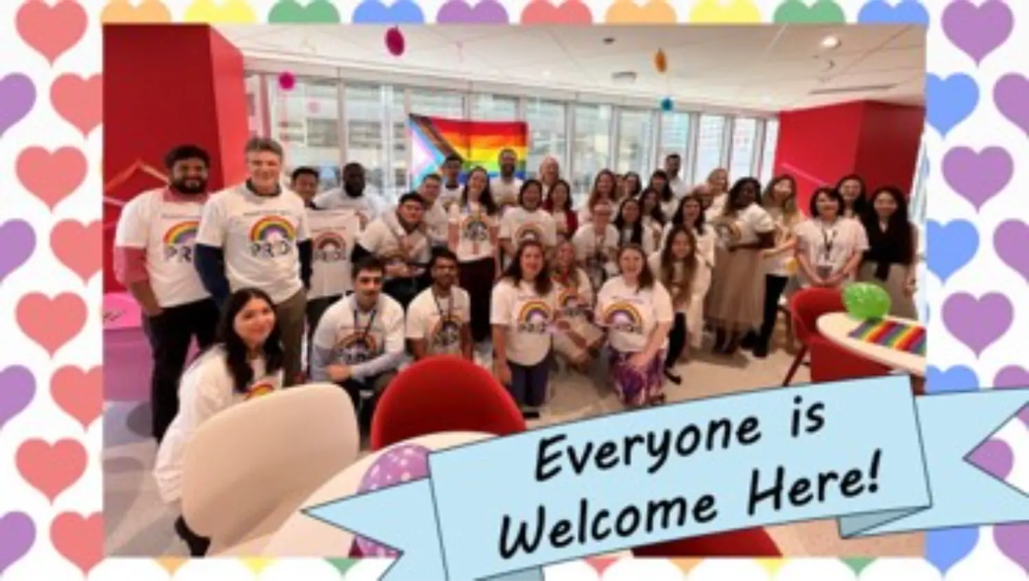 Group photos of team members coming together for a Together with Pride event in the Toronto office.
