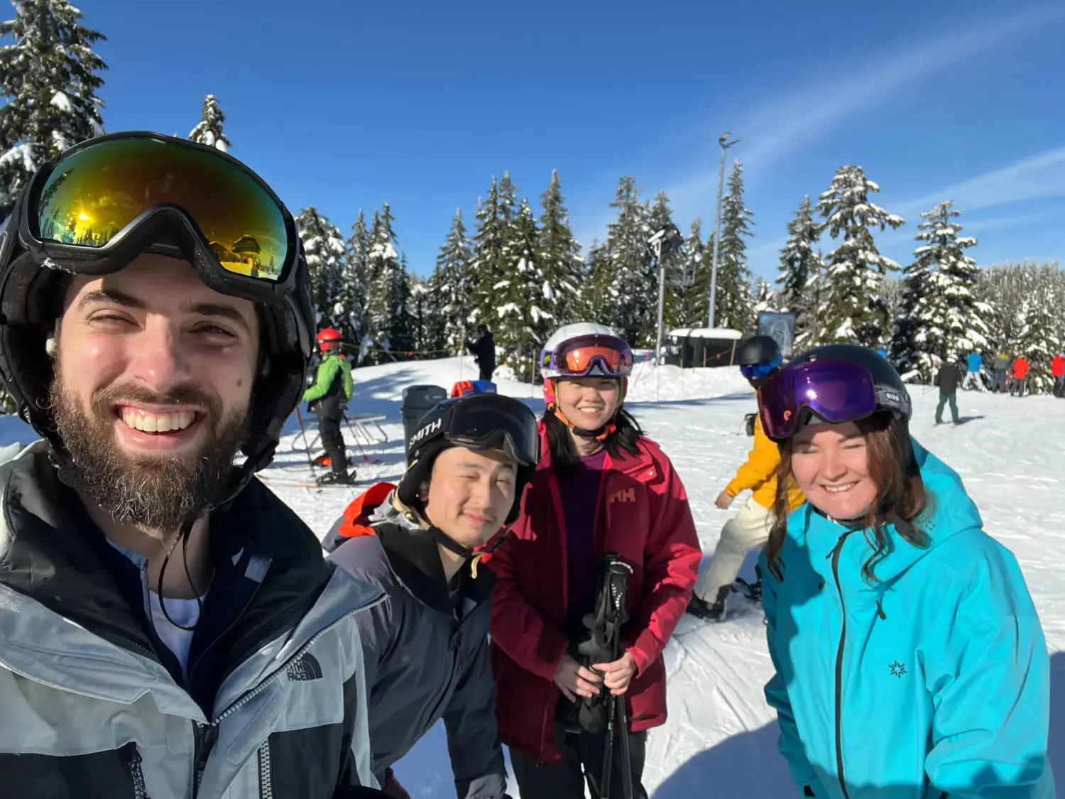 The crew taking a quick break at the top of the run on a group ski day!